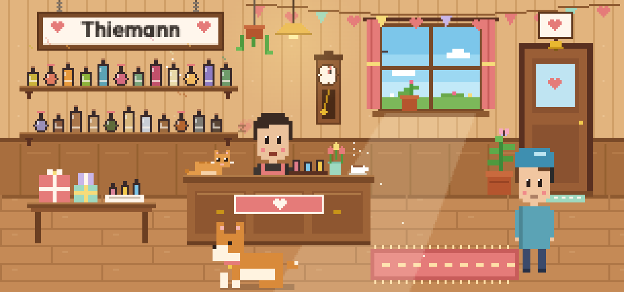 Pixel-Atelier von Thiemann: Duftregale, Theke mit Katze, Parfümeurin und ein Hund